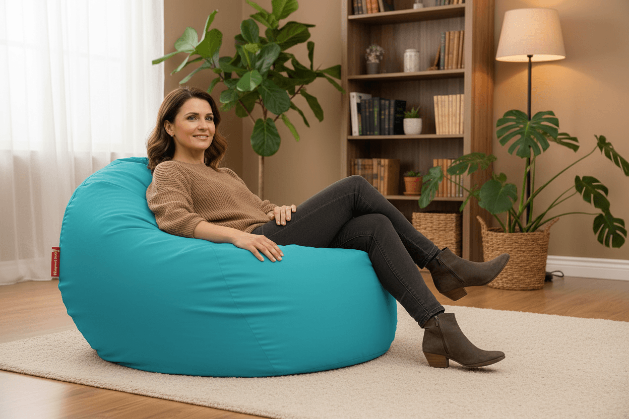 XL Bab babzsákfotel, Türkiz színben egy otthonos nappaliban. - HuppanjBele.hu