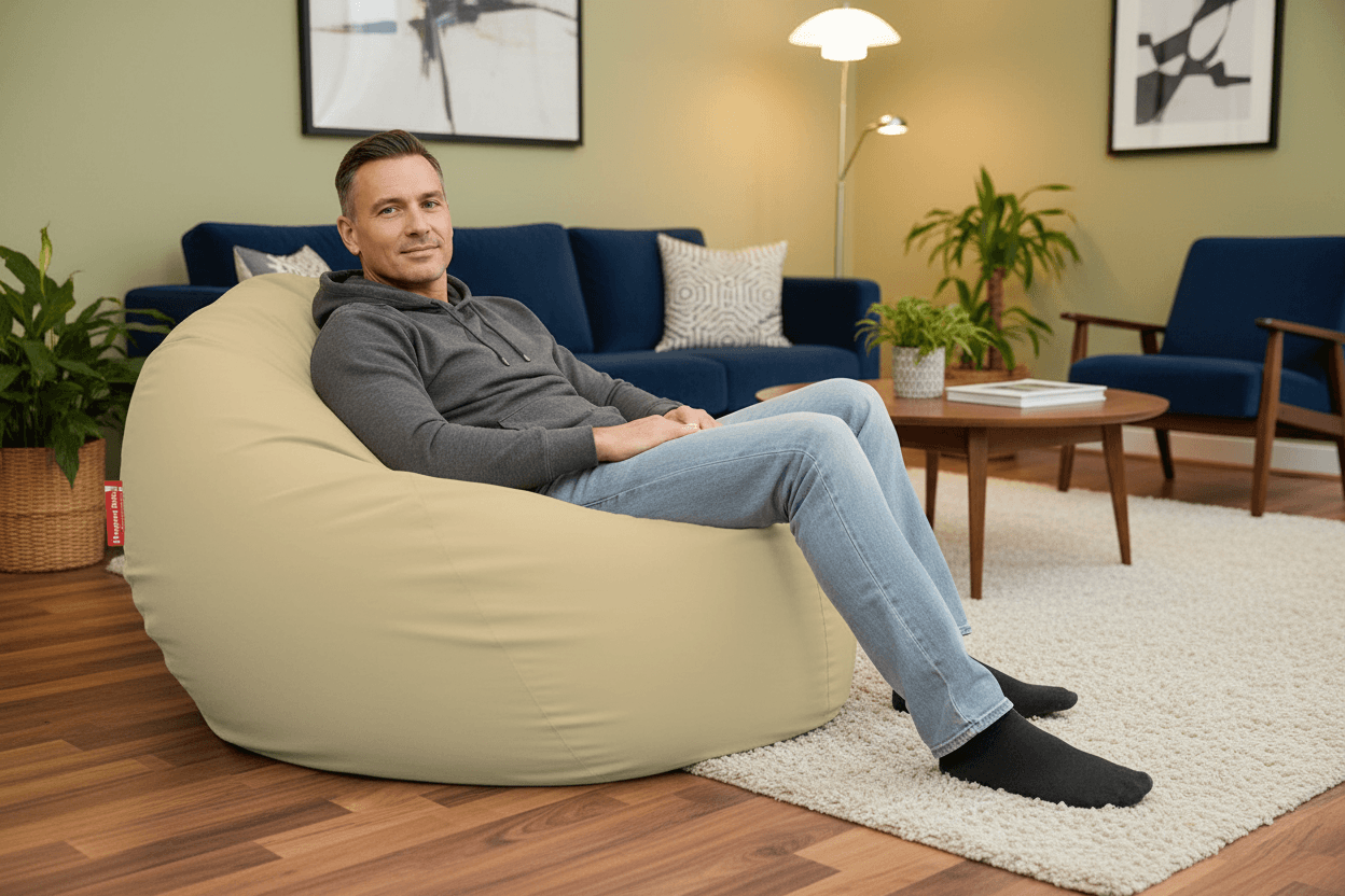 XL Bab vajszínű textilbőr babzsákfotel a nappaliban - HuppanjBele.hu