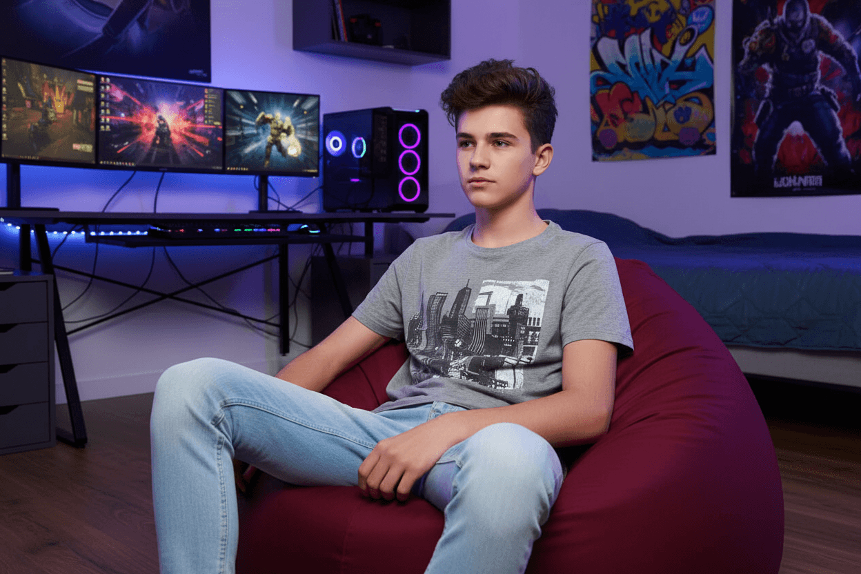 Medium Bab bordó babzsákfotel egy igazi gamer szobában