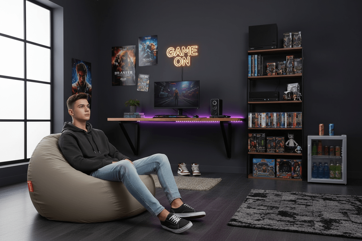Medium Bab drapp szín babzsák egy gamer srác szobájában - HuppanjBele.hu